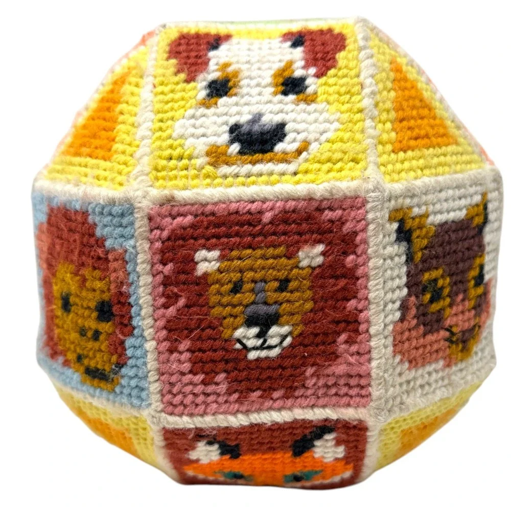 Vintage Needlepoint Soft Ball Toy Multicolor Animal Faces Nursery Decor 70's